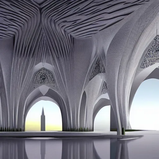 Prompt: mosque by zaha hadid fantasy world