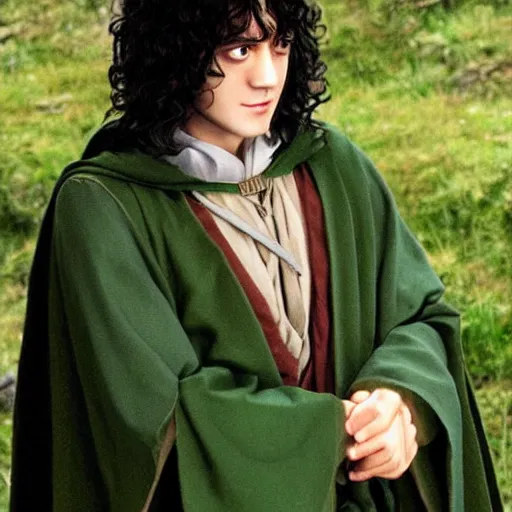 Image similar to peregrin took from the anime lord of the rings (1986), dark hair, green cape, studio ghibli, very detailed, realistic