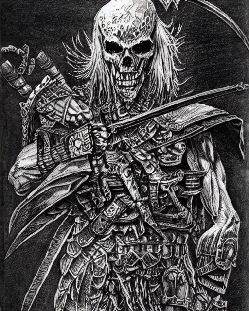 Prompt: pen and ink drawing of a skeleton warrior, fighting fantasy style image, by steve jackson and ian livingstone, highly detailed