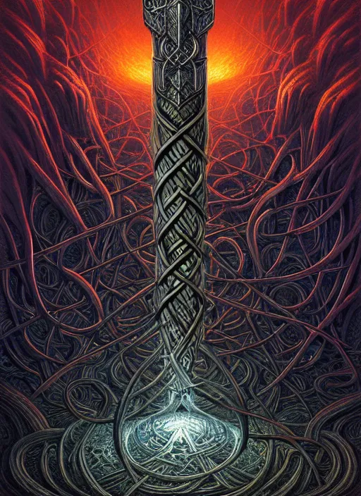 Image similar to hyper detailed ultra sharp mjollnir lightning hammer shape, epic aesthetic, doom, elden ring, stylized viking knotwork, masterpiece, elite, ornate, intricate, digital painting, concept art, smooth, sharp focus, illustration, art by zdizslaw beksinski and dan mumford, alexey egorov, felix englund