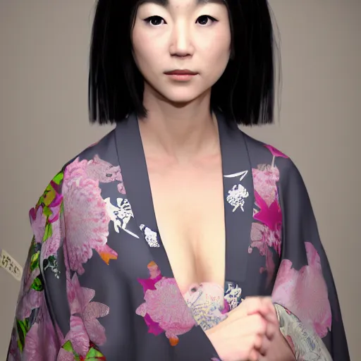 Image similar to Japanese Simone Norman wearing kimono, realistic, photo studio, HDR, 8k, trending on artstation