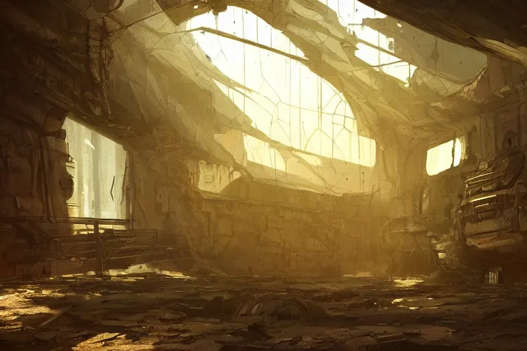 Image similar to an ancient damaged spaceship in the interior of an post - apocalyptic cyberpunk courtyard an old oak tree grows inside the courtyard golden rays of sunlight enter through the window gold neon lights digital art trending artstation beautiful cinematic light