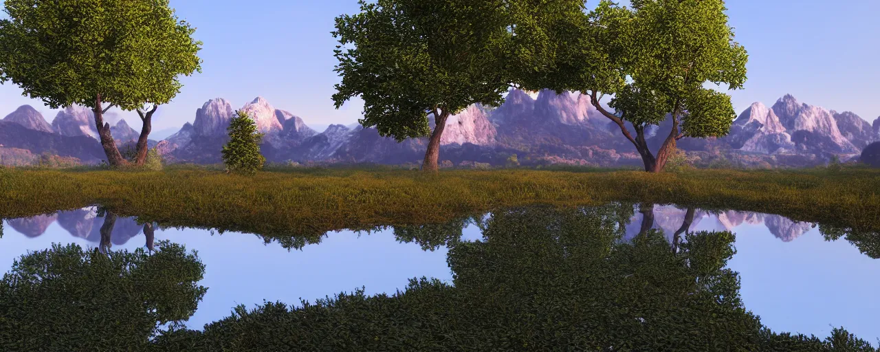 Prompt: big realistic tree near to a river on sunset with reflection on the leaves and mountains in the background, landscape, extremely high fidelity, 8 k, super resolution, concept art, cinematic view, super resolution, unreal engine 5, perspective 3 d octane render, 8 k, light rays, lens flare, epic, hyperdetailed