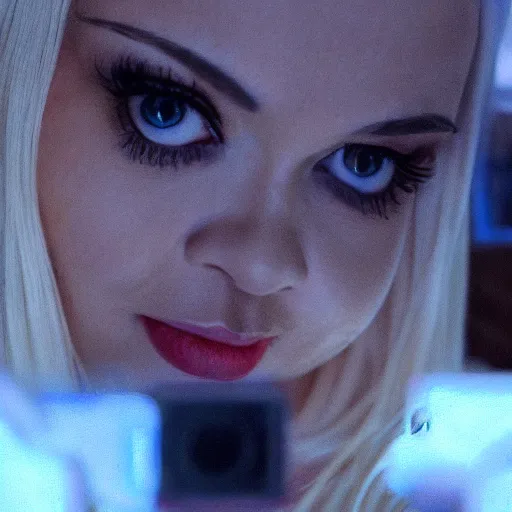 Image similar to trisha paytas doing a livestream, shallow depth of field, bokeh, anamorphic lens flare, 8k, hyper detailed, 35mm film grain