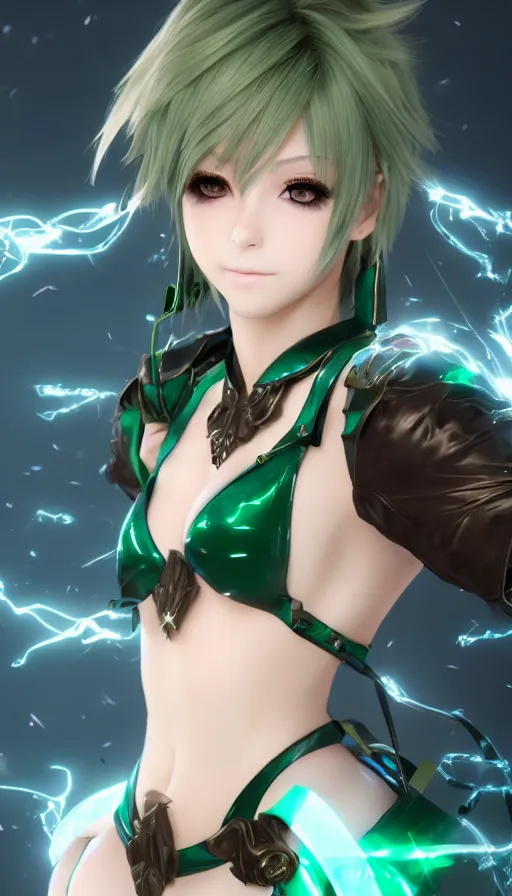 Image similar to render as a very beautiful 3d anime woman with short brown hair, heterochromia, blue eye and green eye, mage final fantasy oufit, heavy makeup, short smile, cinematic lightning, highly detailed, trending on Artstation, Unreal Engine 4k, cinematic wallpaper