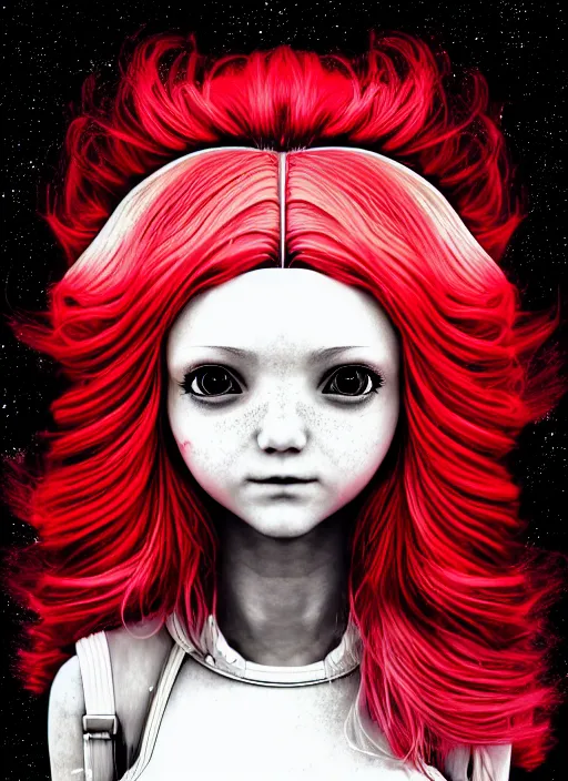 Prompt: highly detailed portrait of a hopeful pretty astronaut lady with a wavy blonde hair, by Anton Semenov, 4k resolution, nier:automata inspired, bravely default inspired, vibrant but dreary but upflifting red, black and white color scheme!!! ((Space nebula background))