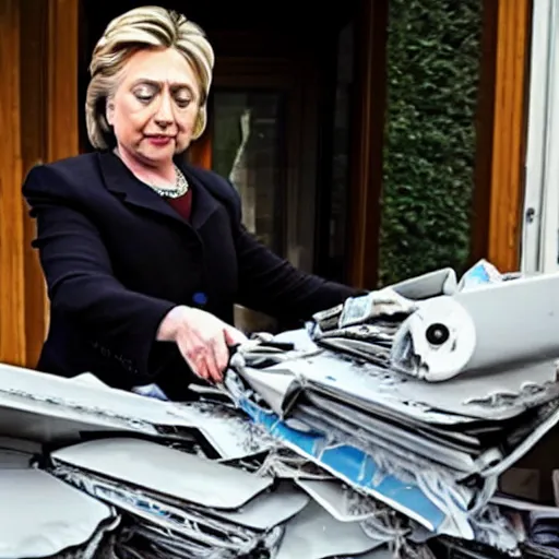 Prompt: a candid photo of hillary clinton as she desperately tries, unsuccessfully, to shred a large stack of laptops.