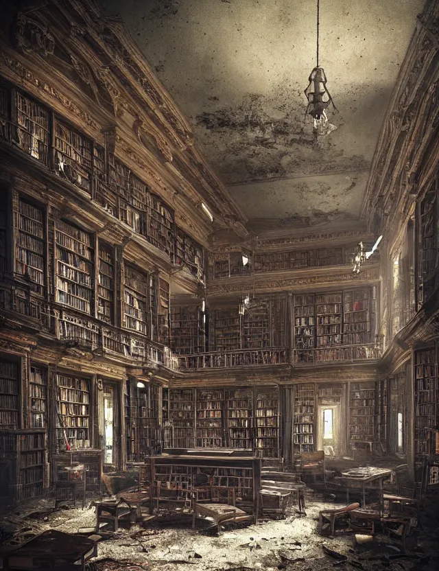 Prompt: “Artstation. Disintegrated and dirty abandoned library room in 19th century victorian mansion. Cinematic lighting, dark, highly detailed. ”