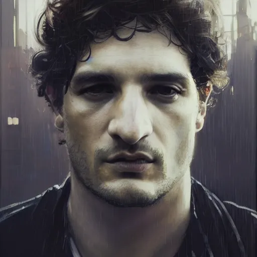 Image similar to louis garrel, hyperrealistic portrait, bladerunner street, art of elysium by jeremy mann and alphonse mucha, fantasy art, photo realistic, dynamic lighting, artstation, poster, volumetric lighting, very detailed face, 4 k, award winning