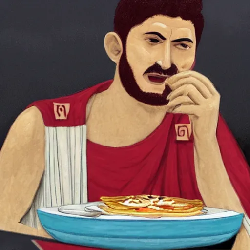 Image similar to roman emperor eating fast food at the olympic games, photo realism