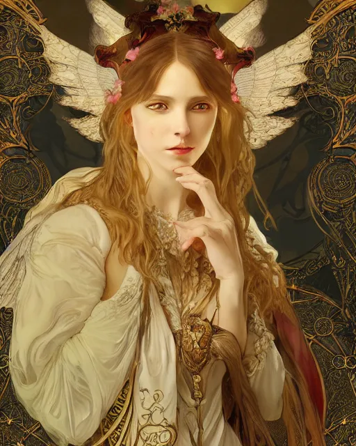 Prompt: wlop and alfons mucha detailed portrait digital rococo painting of a beautiful serious cat wearing fantasy clothing. the cat has black angel wings, evil mood, hellish battlefield in the background, unreal engine, embers flying, hyper realism, realistic shading, cinematic composition, blender render, octane render, ultrawide shot