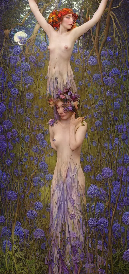 Prompt: painterly dreamy Kupala Night in the blue forest with trees which have eyes, giant flowers, glowing owls, deers, lianas, thistles, giant fantasy creatures, a stream and sky with moon and stars by Alphonse Mucha, Artgerm, Alex Grey, Aron Wiesenfeld and Giger dark fantasy, witcher, very detailed oil painting in the alla prima style, masterpiece, 8k