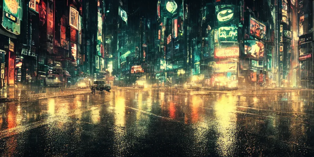 Prompt: a city street at night, raining, photograph, cars on the road, cyberpunk, sharp focus, intricate detail