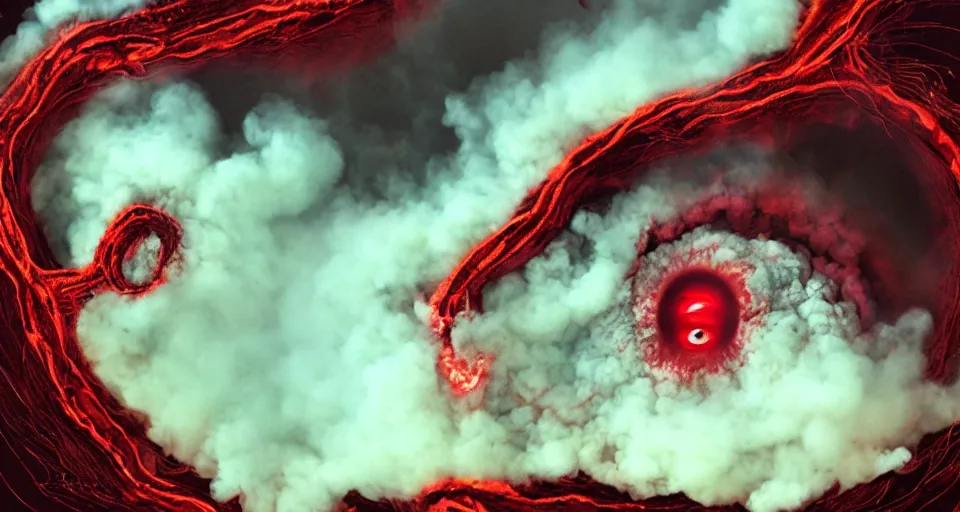 Prompt: a volcano made of ivory vines and crimson rocks enters in eruption, it spits a smoke in the shape of demonic eye, from Magic the gathering