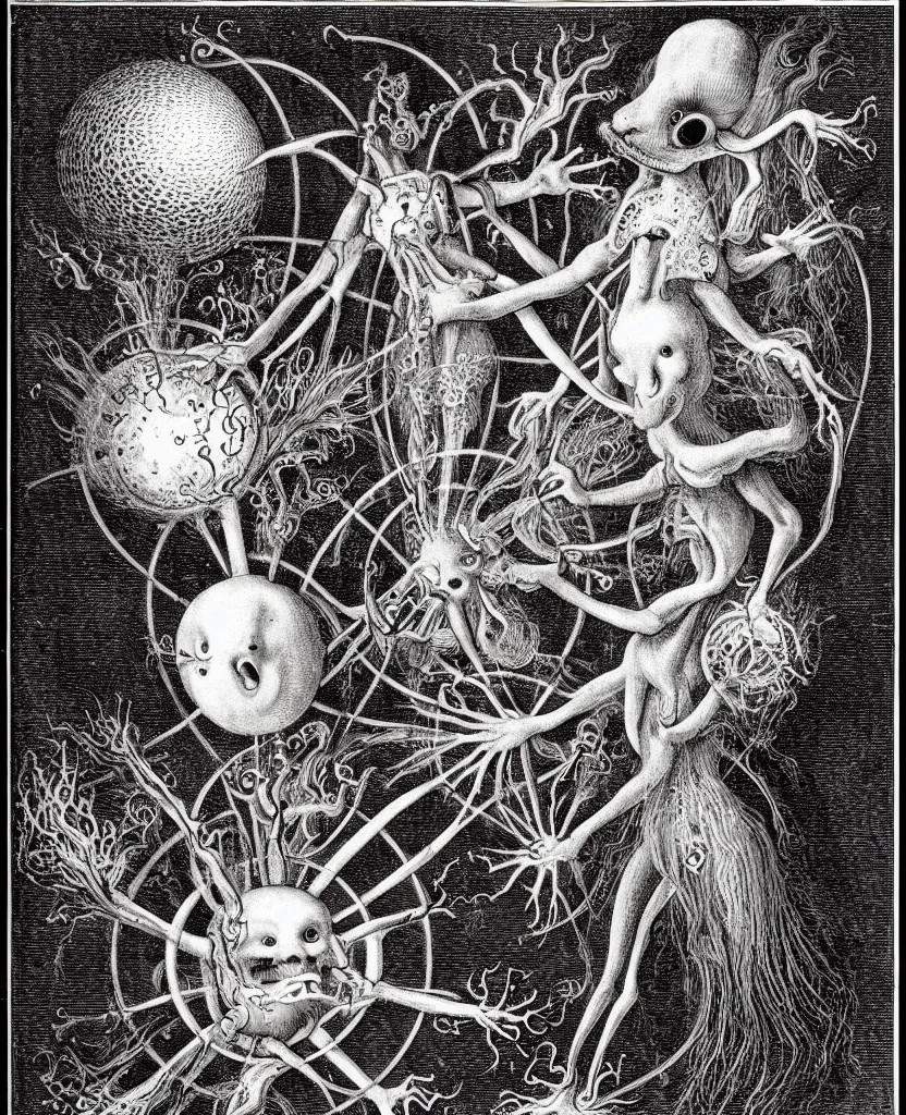 Image similar to whimsical freaky creature sings a unique canto about'as above so below'being ignited by the spirit of haeckel and robert fludd, breakthrough is iminent, glory be to the magic within