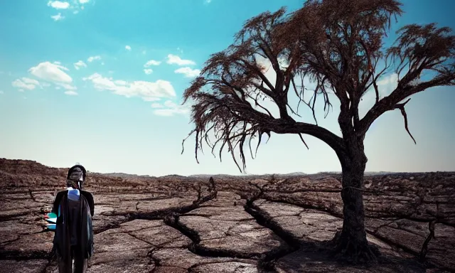 Image similar to medium shot of a crying ancient dried up Danu, peaceful, facing the camera and standing in front of a dried up river in a desolate land, dead trees, blue sky, hot and sunny, highly-detailed, elegant, dramatic lighting, artstation, 4k, cinematic landscape, photograph by Elisabeth Gadd