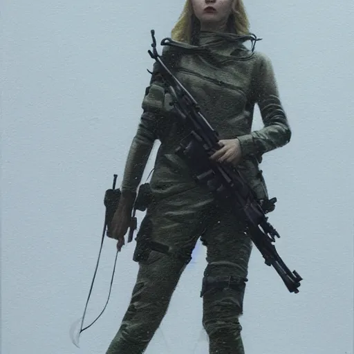 Image similar to silhouette of Elle Fanning as a sniper, stormy weather, extremely detailed masterpiece, oil on canvas, low-key neon lighting, artstation, Blade Runner 2049, Roger Deakin’s cinematography, by J. C. Leyendecker and Peter Paul Rubens,