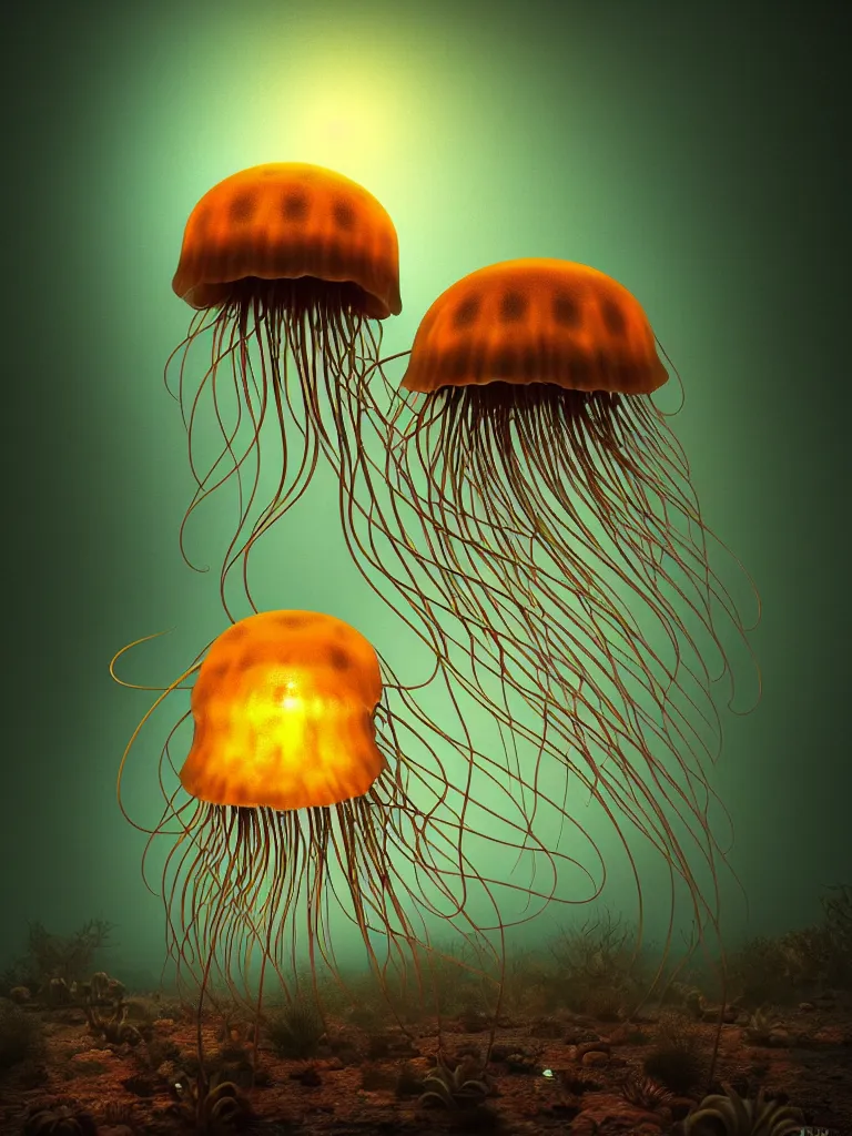 Image similar to creature octo jellyfish in a desert lush vegetation, warm tones, night, water reflection, bioluminescent translucent : : by michal karcz, daniel merriam, victo ngai and guillermo del toro : : ornate, dynamic, particulate, intricate, elegant, highly detailed, centered, artstation, smooth, sharp focus, octane render, 3 d