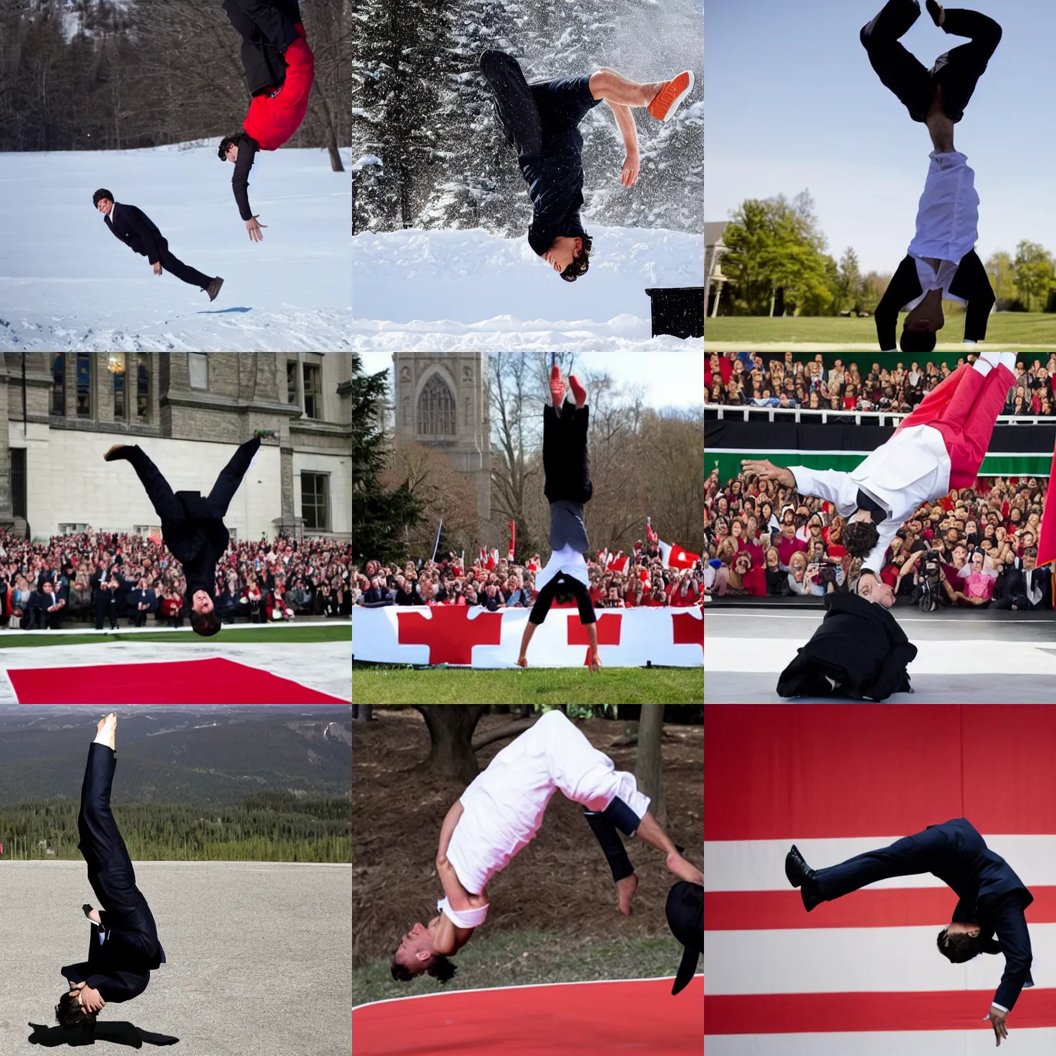 Prompt: Justin Trudeau doing a backflip, photograph
