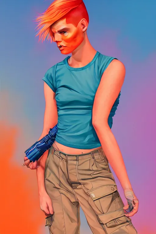 Prompt: a award winning half body portrait of a beautiful caucasian woman in a croptop and cargo pants with ombre orange blue teal hairstyle with head in motion and hair flying by martine johanna and will eisner, outrun, vaporware, digital art, trending on artstation, highly detailed, fine detail, intricate