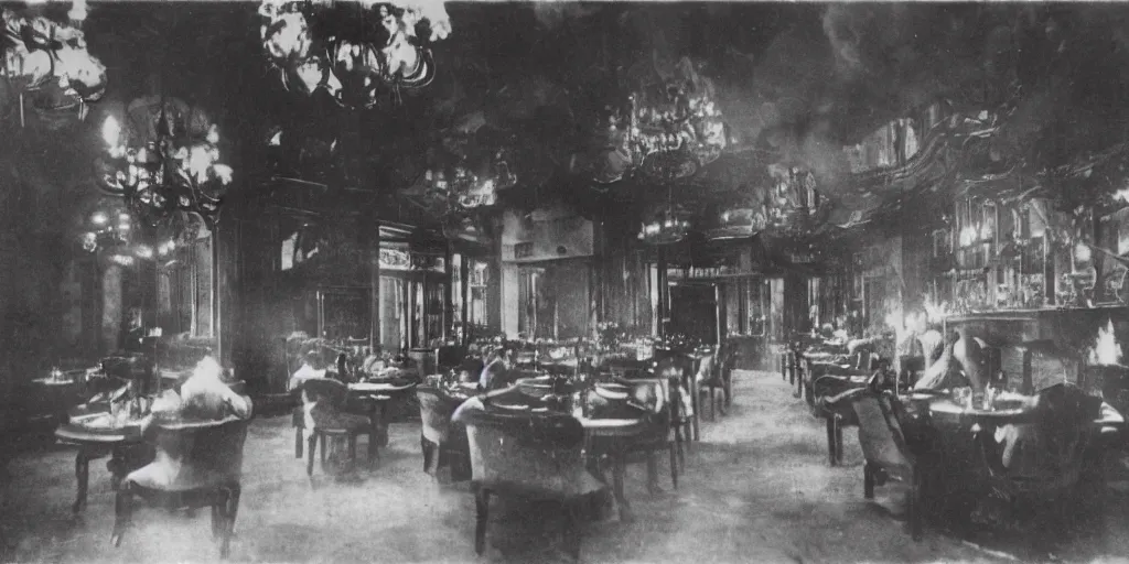 Image similar to the interior of a luxury restaurant that is burning while monsters appear in the background, 1 9 0 0 s photograph