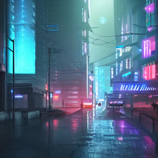 Prompt: rainy dystopian city from the year 3000, futuristic, neon lights, cyberpunk, atmospheric, detailed, unreal engine, octane render,
