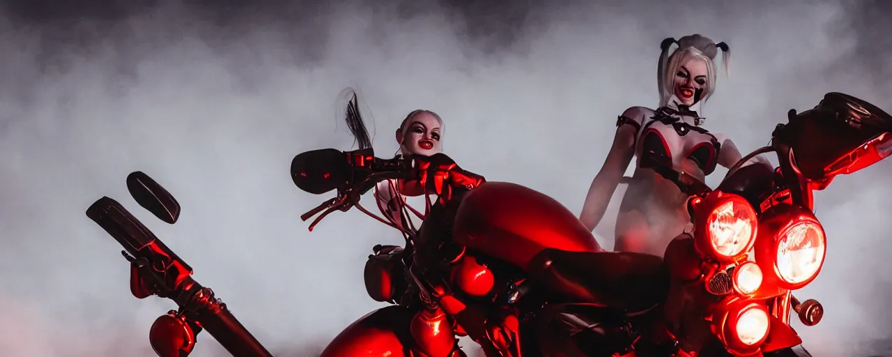 Image similar to real-life Harley Quinn riding a motorcycle holding a baseball bat, cinematic, Low angle, atmospheric fog and lighting