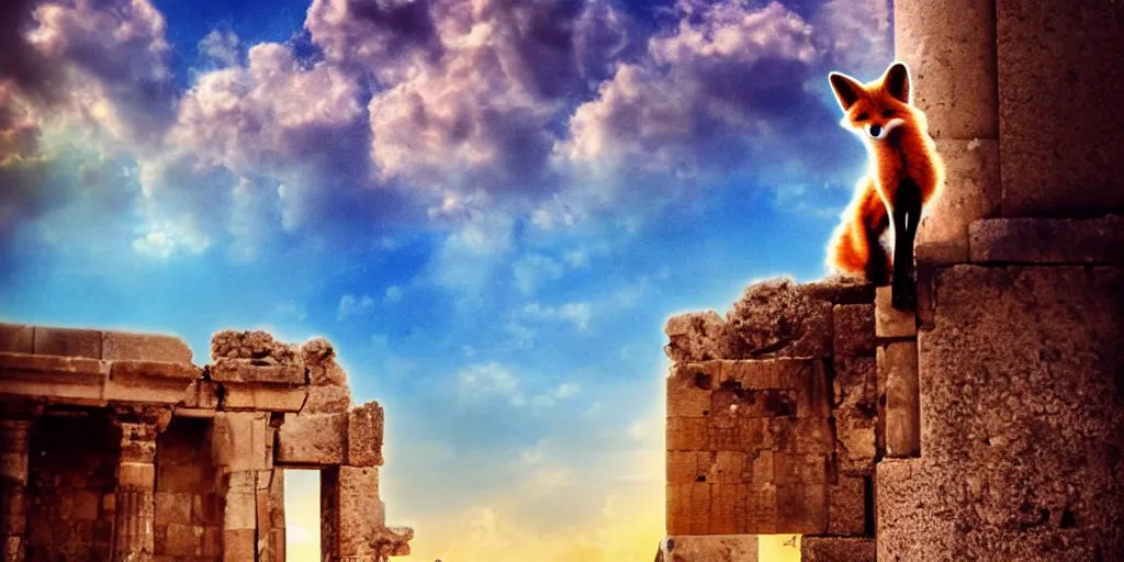 Image similar to A beautiful small fox in the huge ruins of the second temple in Jerusalem :: Dreamy sky :: The third temple hovers quietly in the sky above :: Very colorful painting 8k trending on art station :: Intricate details, very realistic, cinematic lighting, volumetric lighting, photographic blur bokeh defocus dof sky