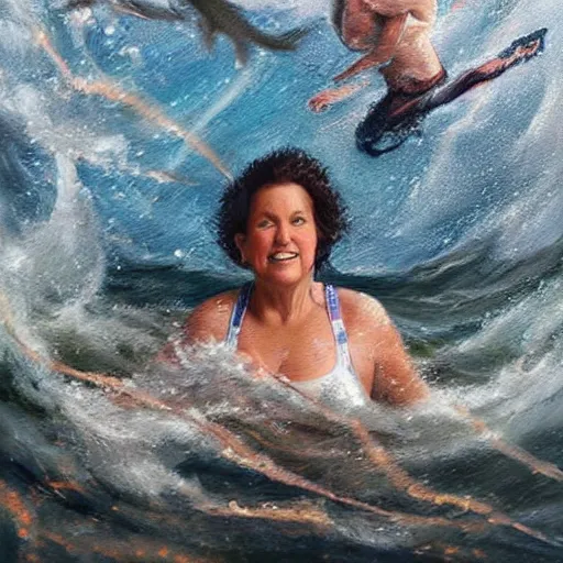 Image similar to masterful oil painting of an athletic woman in her fifties with curly brown hair, swimming in the middle of a rough sea surrounded by sharks, above her, in the night sky there is a star.