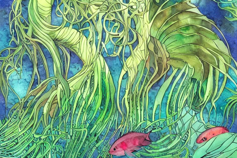 Image similar to watercolor artwork of exotic, elegant underwater tropical prints of the creatures of atlantis : : green, art nouveau, trending on artstation