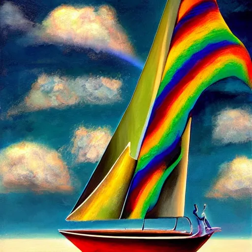 Image similar to by carrie graber mournful tetris. a beautiful body art of a sailboat sailing on a sea of clouds, with a rainbow in the background. the sailboat is crewed by a group of monkeys, & the sails are billowing in the wind.