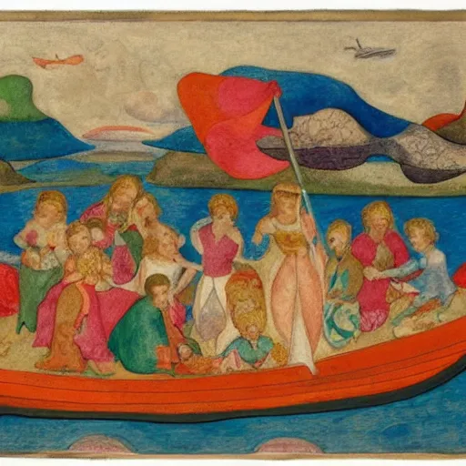 Image similar to The conceptual art depicts a group of well-dressed women and children enjoying a leisurely boat ride on a calm day. The women are chatting and laughing while the children play with a toy boat in the foreground. by Phoebe Anna Traquair flowing