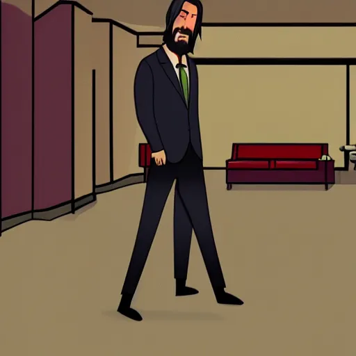 Image similar to John Wick on vacation in a hotel, cartoon style, soft light