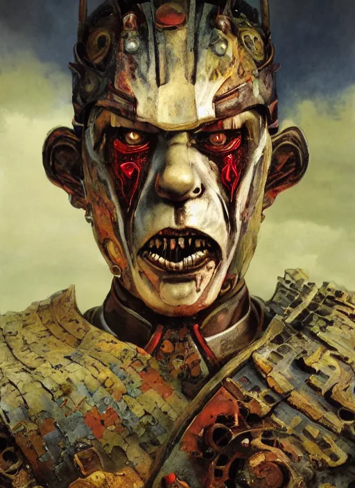 Image similar to portrait of a diabolical cyborg clown samurai, torn cape, adaptive armor, dynamic pose, heavy eyes to the side, ancient ruins, glowing veins subsurface scattering, in clouds, sunset, portrait, by gerald brom, by mikhail vrubel, by peter elson, muted colors, extreme detail, reflections, trending on artstation, 8 k