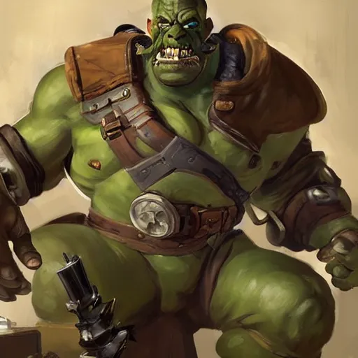 Prompt: greg manchess digital painting of a ruggedly handsome old dieselpunk orc general with olive green skin sitting in his office, overwatch character, organic painting, matte painting, bold shapes, hard edges, street art, trending on artstation, by huang guangjian and gil elvgren and sachin teng