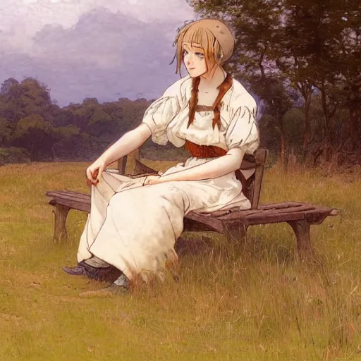 Prompt: a girl sitting in a meadow, art by walter langley, anime wallpaper, pixiv, walter langley style