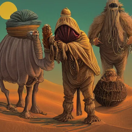 Prompt: several stoner merchants in robes with integrated bong gas mask appliances, trucking bales of herbs across an alien desert with camel-like creatures in tow. Album art by Arik Roper