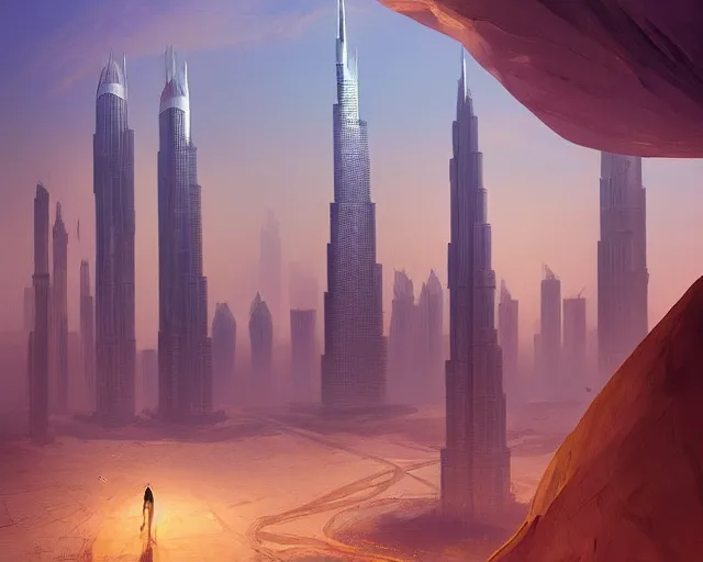 Prompt: dubai city and burj khalifa in front big desert, atmospheric lighting. by makoto shinkai, stanley artgerm lau, wlop, rossdraws, james jean, andrei riabovitchev, marc simonetti, krenz cushart, sakimichan, d & d trending on artstation, digital art.