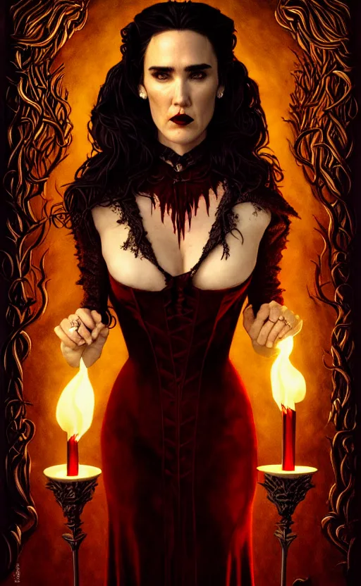 Image similar to jennifer connelly vampire queen, sharp fangs, blood, full body, intricate victorian dress, digital art, cinematic lighting, studio quality, symmetrical eyes, artgerm, joshua middleton, rafael albuquerque, moody lighting, candles, art style by klimt, nixeu and ian sprigger and wlop and krenz cushart