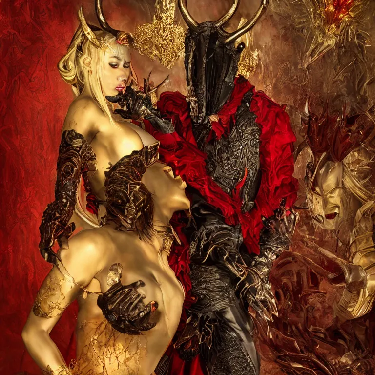 Image similar to black man and a female devil in red dress with horns are dancing together, in Dark souls and elden ring style, insanely detailed and intricate, golden ratio, hypermaximalist, elegant, ornate, luxury, elite, ominous, haunting, matte painting, cinematic, cgsociety, James jean, Brian froud, ross tran, Laputa, photorealism