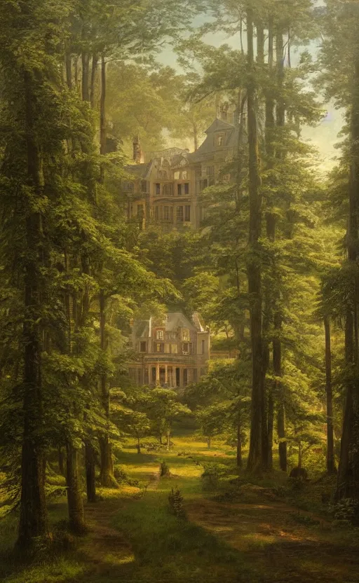 Prompt: portrait of a large victorian manor house in a pine forest, well lit, detailed, cinematic lighting, oil painting