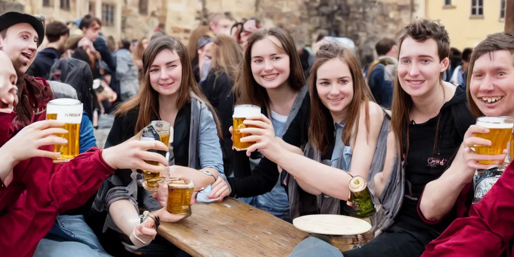 Prompt: students drinking beer in Bamberg, photograph