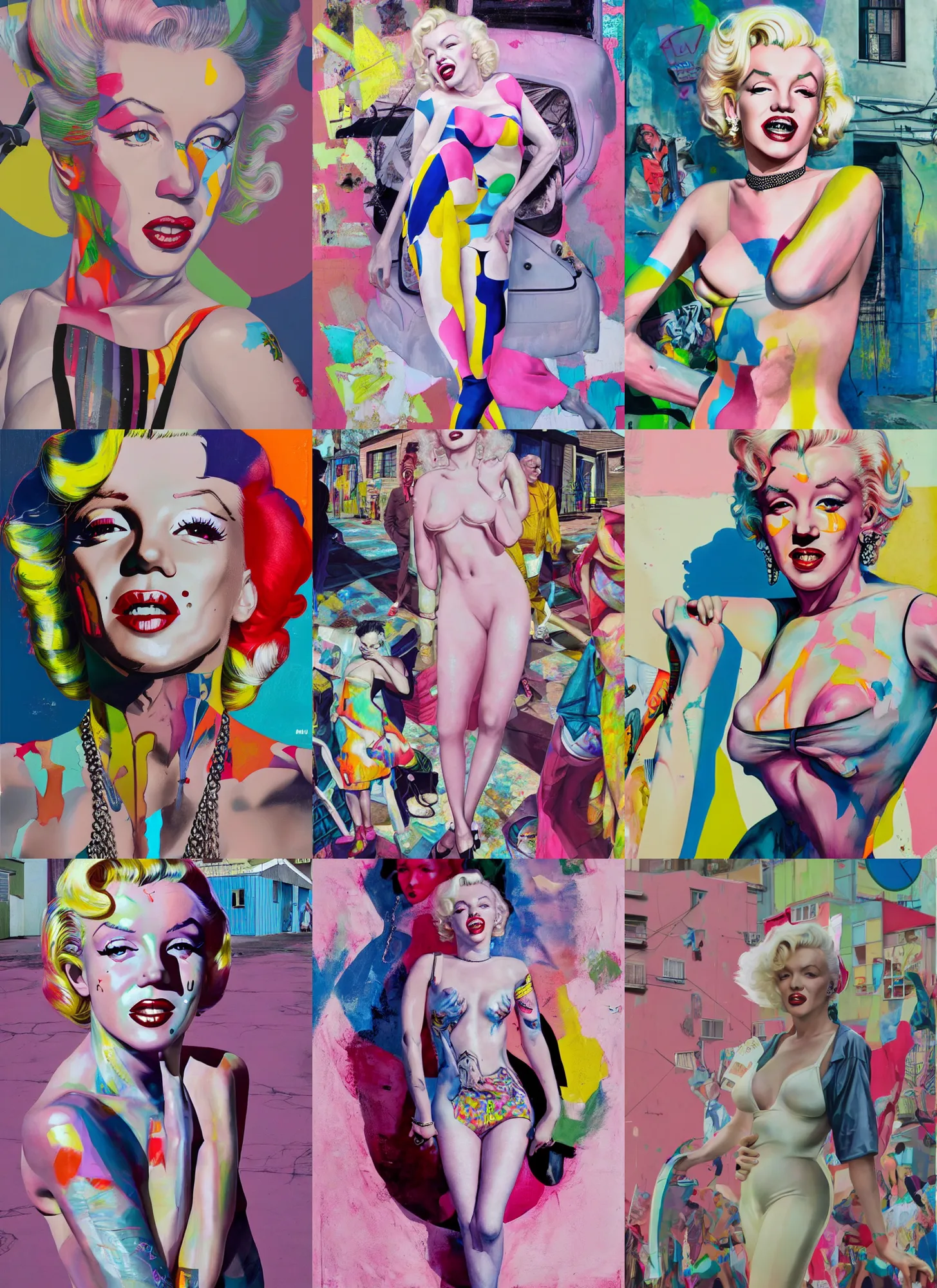 Prompt: still from music video of marilyn monroe from die antwoord standing in a township street, street fashion clothing,! haute couture!, full figure painting by martine johanna, njideka akunyili crosby, rossdraws, pastel color palette, 2 4 mm lens