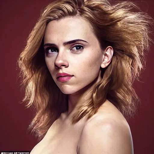 Image similar to a woman who is a genetic combination of scarlett johansson and emma watson face and upper - body focus