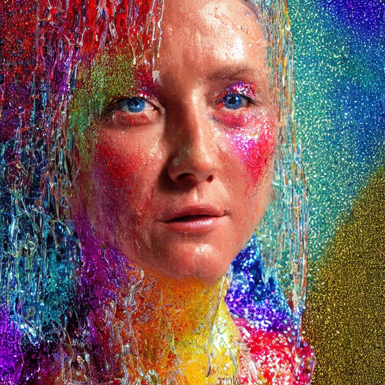 Image similar to octane render portrait by wayne barlow and carlo crivelli and glenn fabry, a woman wearing a clear plastic suit full of colorful thick fluid full of glitter, standing in front of a giant sheet of tie - dye aluminum foil, cinema 4 d, ray traced lighting, very short depth of field, bokeh