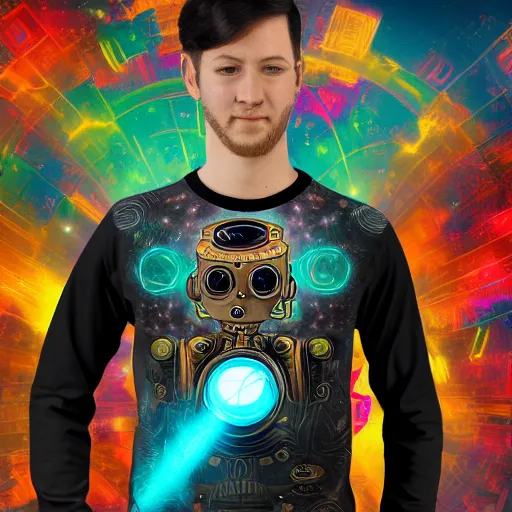 Image similar to mockup of a black tshirt with a hyperdetailed portrait of a spaced out steam punk robot, 8 k, symetrical, flourescent colors, multicolored,