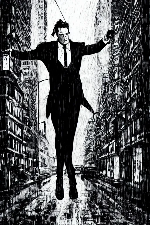 Prompt: black and white illustration of Patrick Bateman in a rainy street, neo noir style, Frank Miller creative design, body horror, high detail