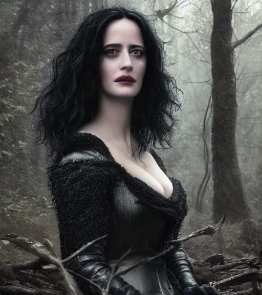 Image similar to 5 5 mm close up portrait photo of eva green as yennefer of vengerberg in black leather armor and long black fluff hair, in a forest. magical atmosphere. art by greg rutkowski. lifelike. very detailed 8 k. intricate. soft light. nikon d 8 5 0.