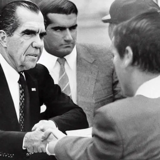 Prompt: Newspaper photograph showing President Nixon making a deal with the Mere-people of Atlantis