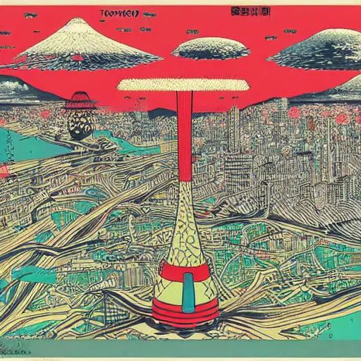 Prompt: nuclear mushroom in Tokyo by Toshio Saeki high detailed, bird's-eye view